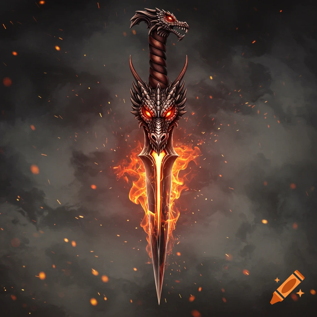 A detailed fantasy dagger with a dragon hilt and guard, glowing red eyes, and a blade engulfed in fiery flames against a dark, smoky background.