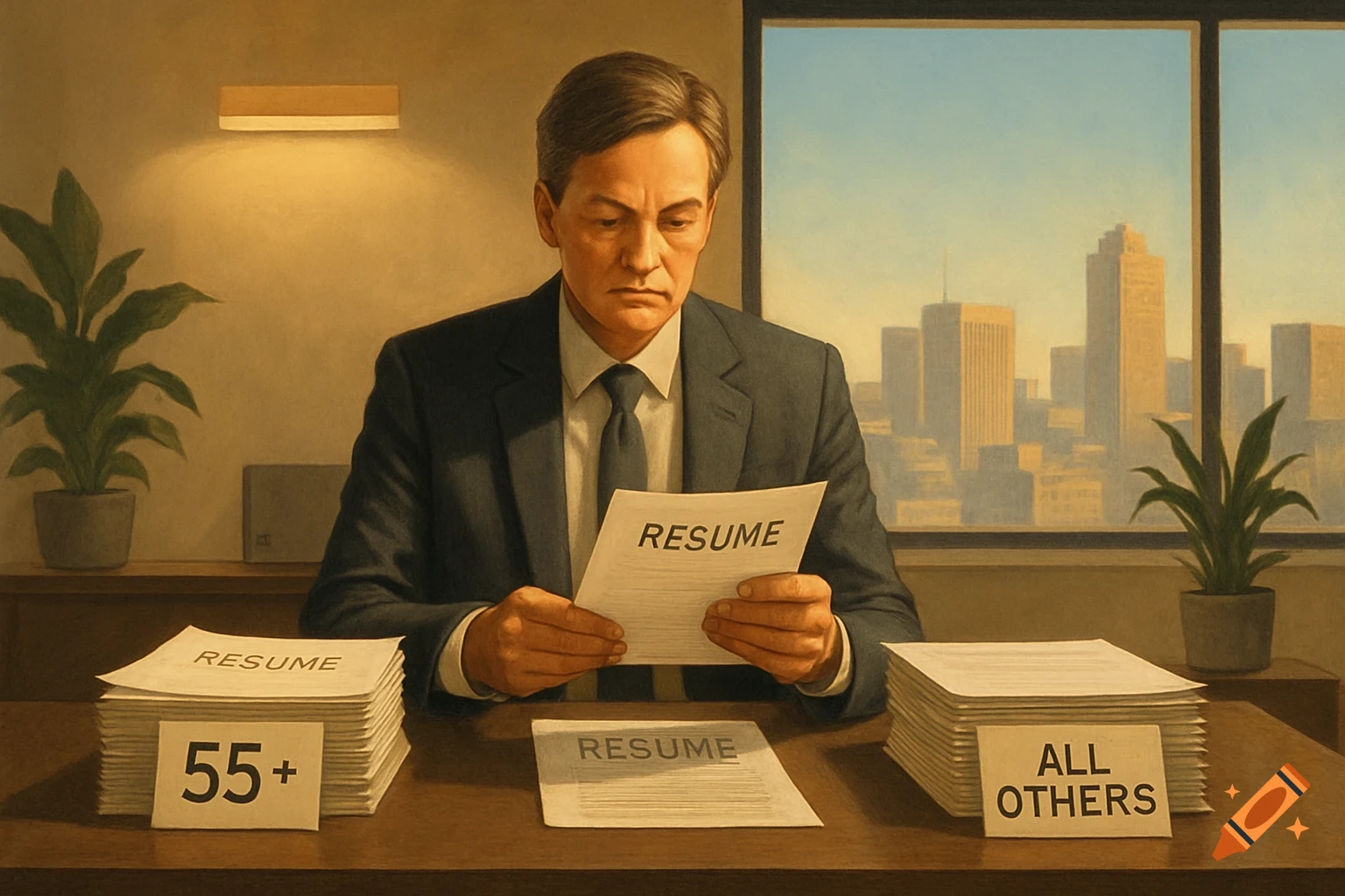 A man in a suit sits at a desk, reviewing a resume. On the desk are two stacks of resumes labeled '55+' and 'ALL OTHERS'.