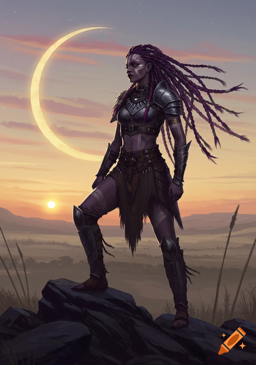 Armored female warrior with violet braids and war paint stands on rocks, crescent moon and sunrise over vast landscape.