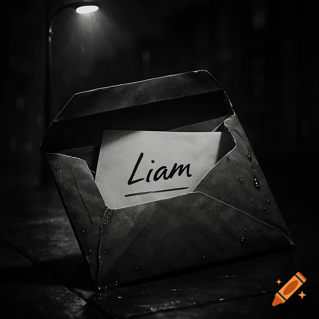 A black and white film noir scene showing an open manila envelope under a streetlamp with a paper inside that reads 'Liam'.