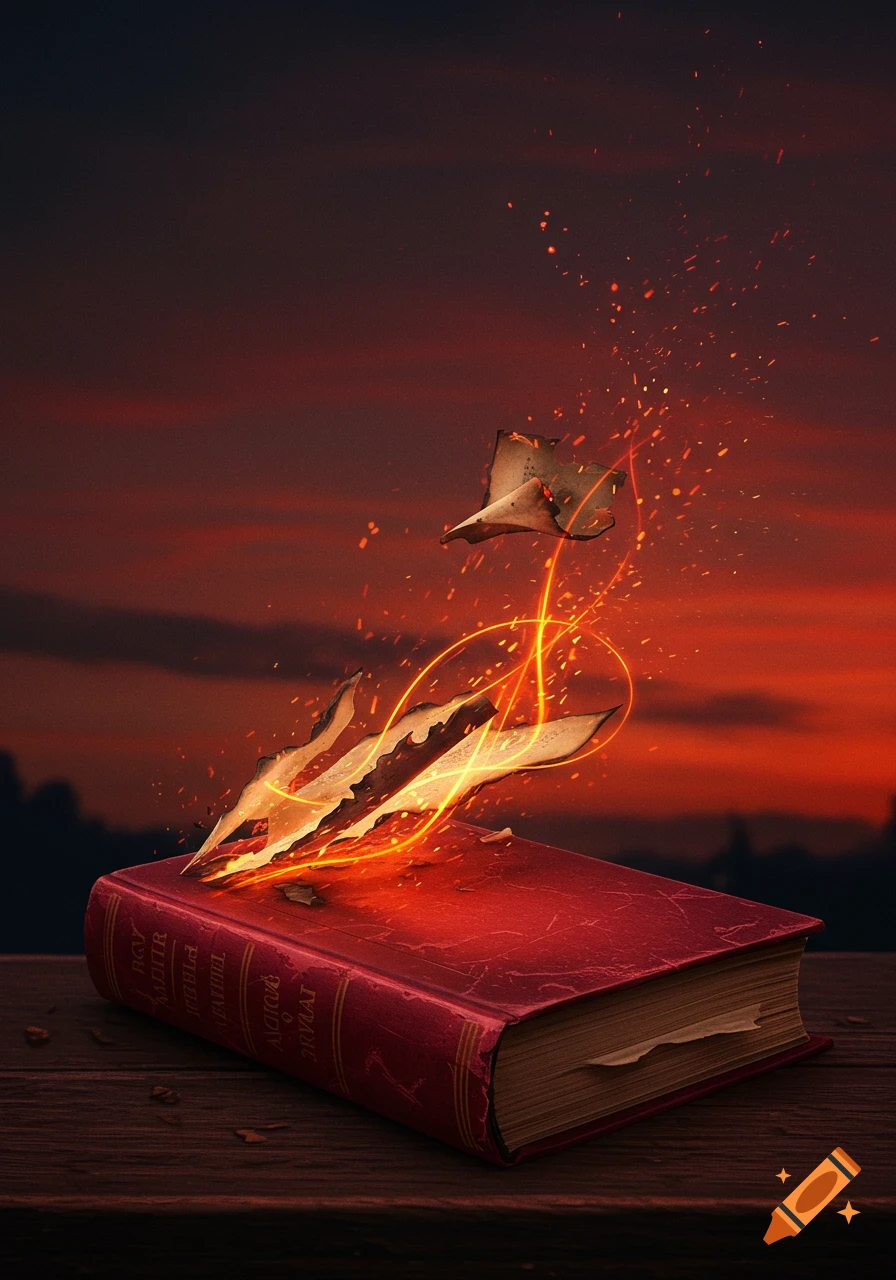 A red book on a wooden surface with pages burning and glowing embers rising into a dramatic, dark orange sky.