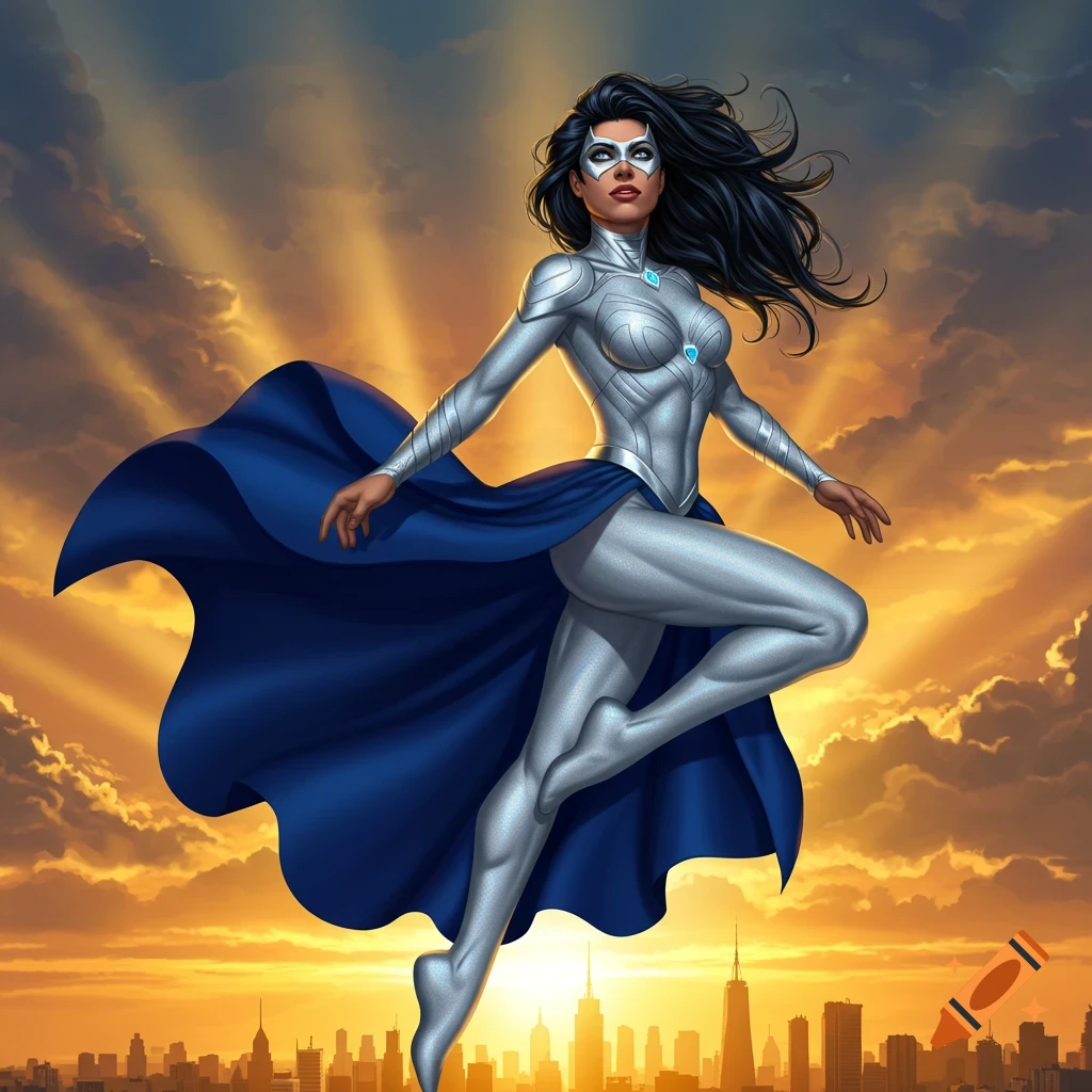Female superhero with long dark hair, wearing a silver suit, blue cape, and mask, flying over a city skyline at sunset in a digital art style.