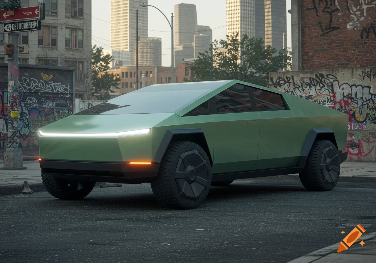 A military green Tesla Cybertruck with its lights on, parked on an asphalt street in a gritty urban environment with graffiti-covered walls and tall buildings.