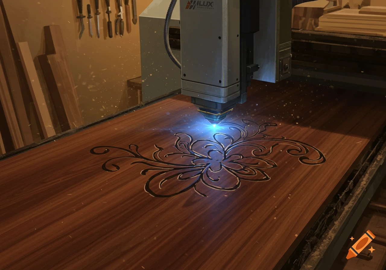 A laser engraving machine with a blue light beam carves a decorative floral pattern into a wooden surface in a workshop.