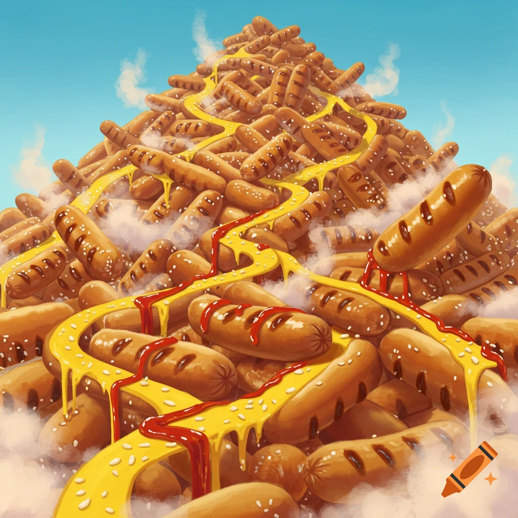 A whimsical illustration of a mountain of grilled hot dogs, drizzled with yellow mustard and red ketchup, with steam rising against a blue sky.