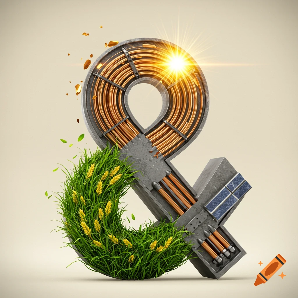 A stylized 3D ampersand formed by grass, metal pipes, solar panels, and a bright light, representing agriculture, metal, and energy resources.