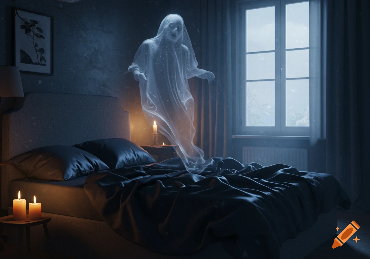 A translucent, ghostly figure floats above a bed in a dimly lit bedroom, illuminated by candles and moonlight streaming through a window.