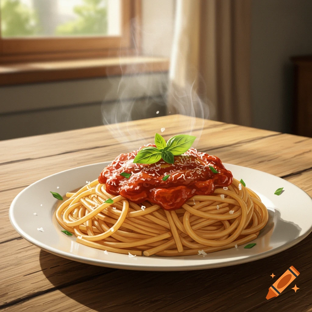A steaming plate of spaghetti with red sauce, fresh basil, and grated cheese sits on a wooden table, viewed from an eye-level angle.