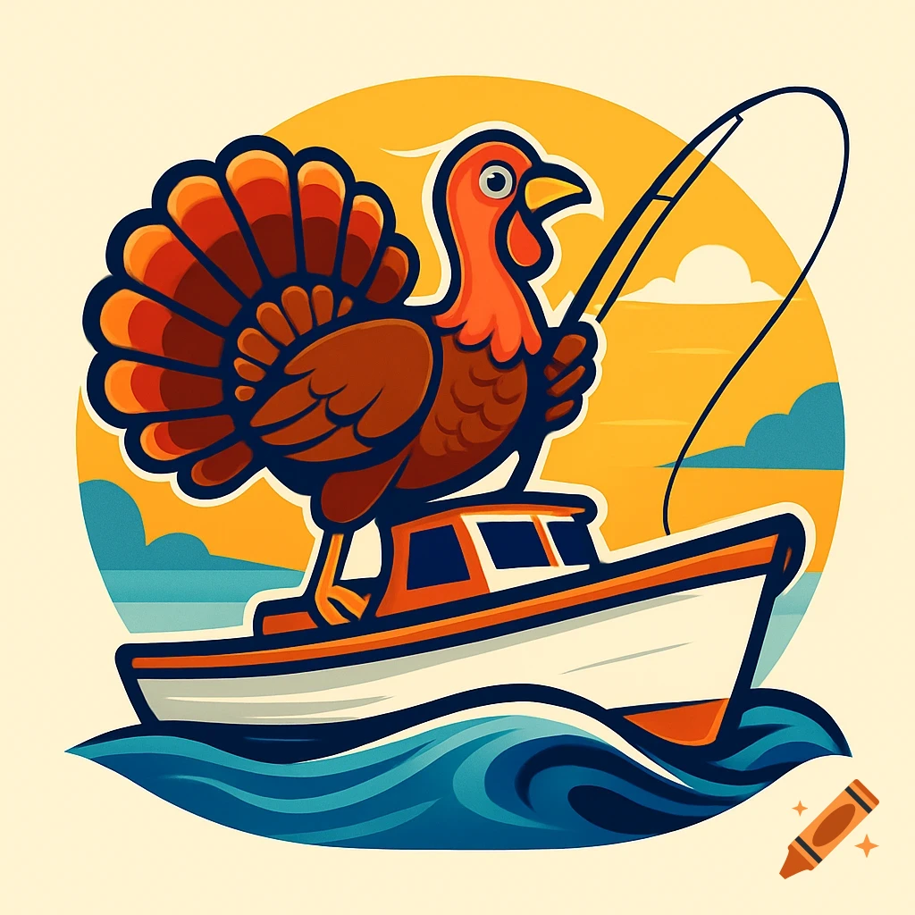 A cartoon logo of a turkey standing on a boat, holding a fishing rod, against a yellow sun background.