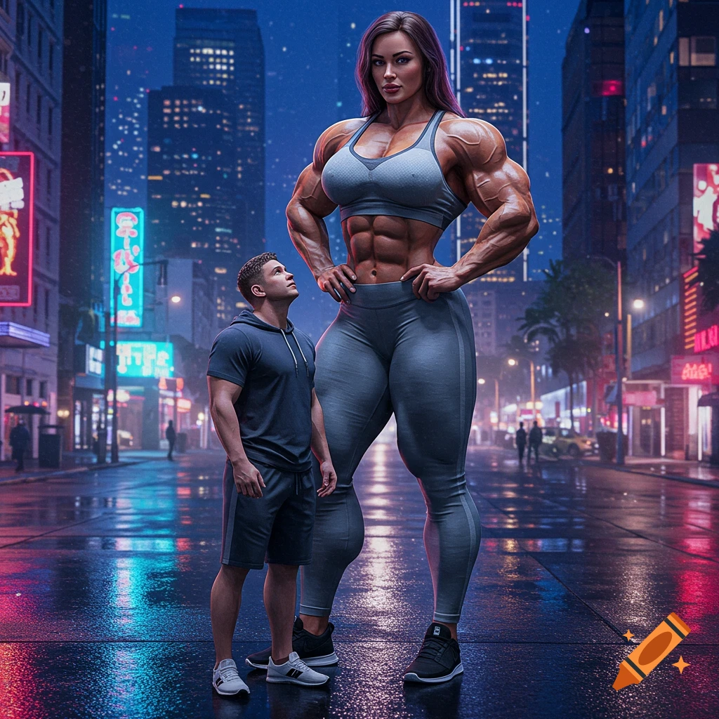 A very muscular woman in a sports bra and leggings towers over a regular-sized man on a wet city street at night.