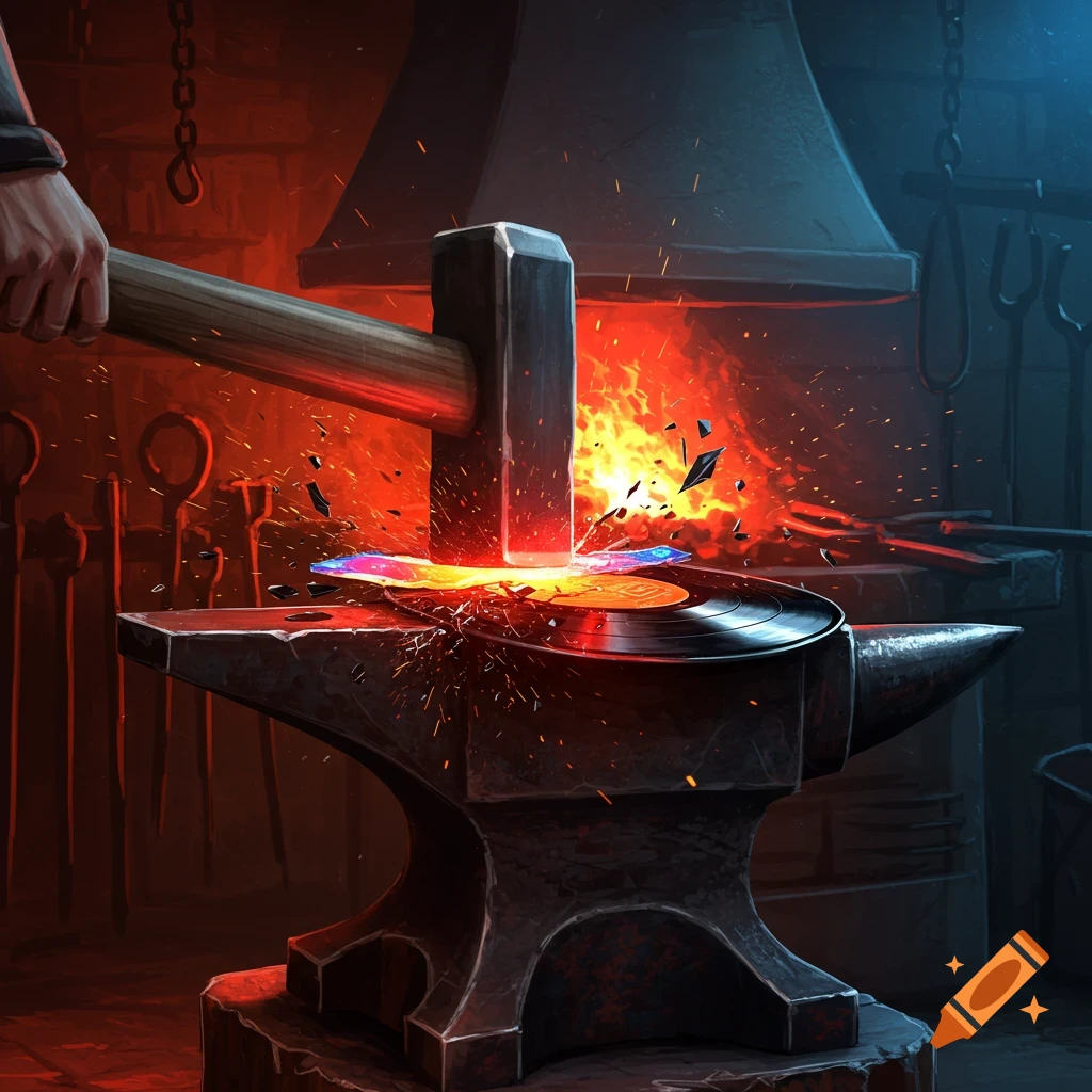 A sledgehammer strikes a vinyl record on an anvil in a fiery blacksmith's forge, surrounded by sparks.