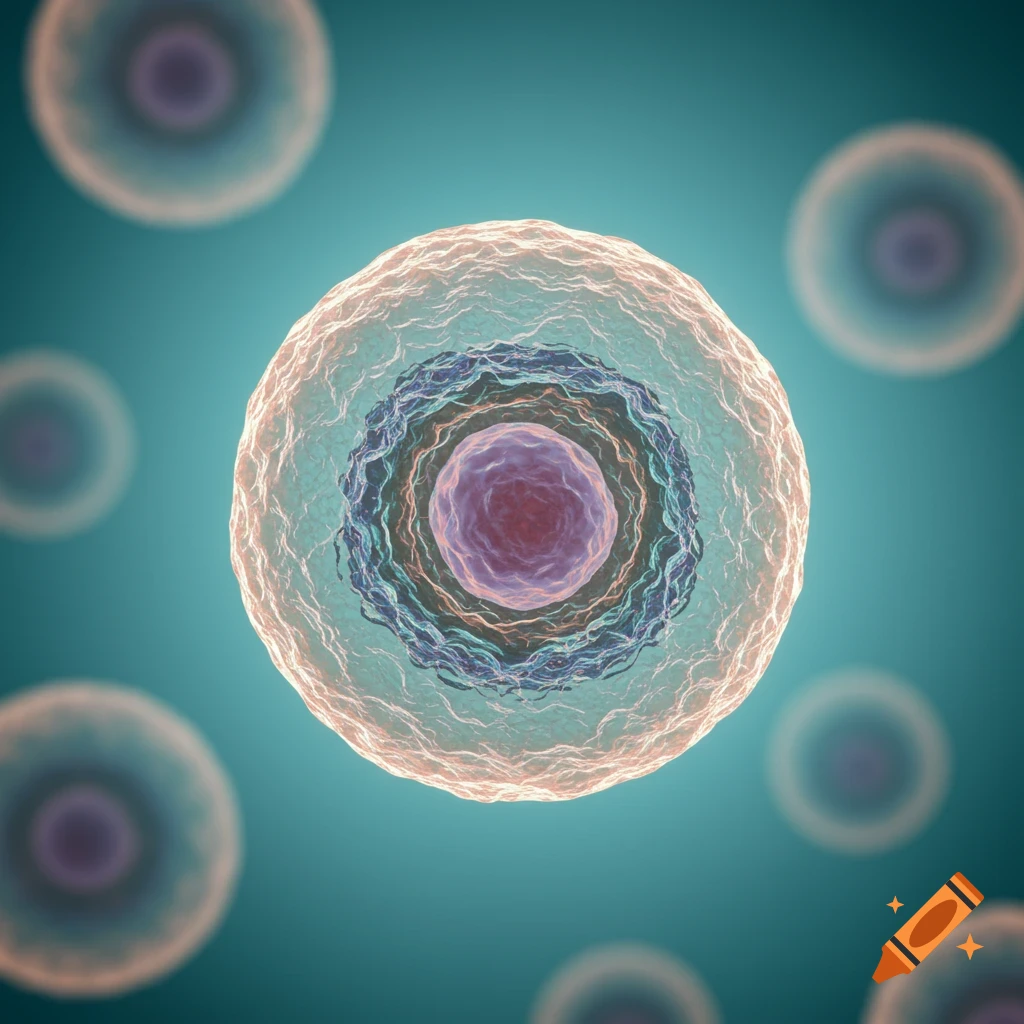 A detailed microscopic view of a human cell with a prominent nucleus and layered interior on a teal background.