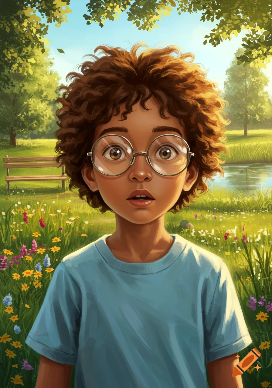 Illustrative portrait of a young boy with curly hair and glasses, surprised, in a vibrant park with wildflowers and a pond.