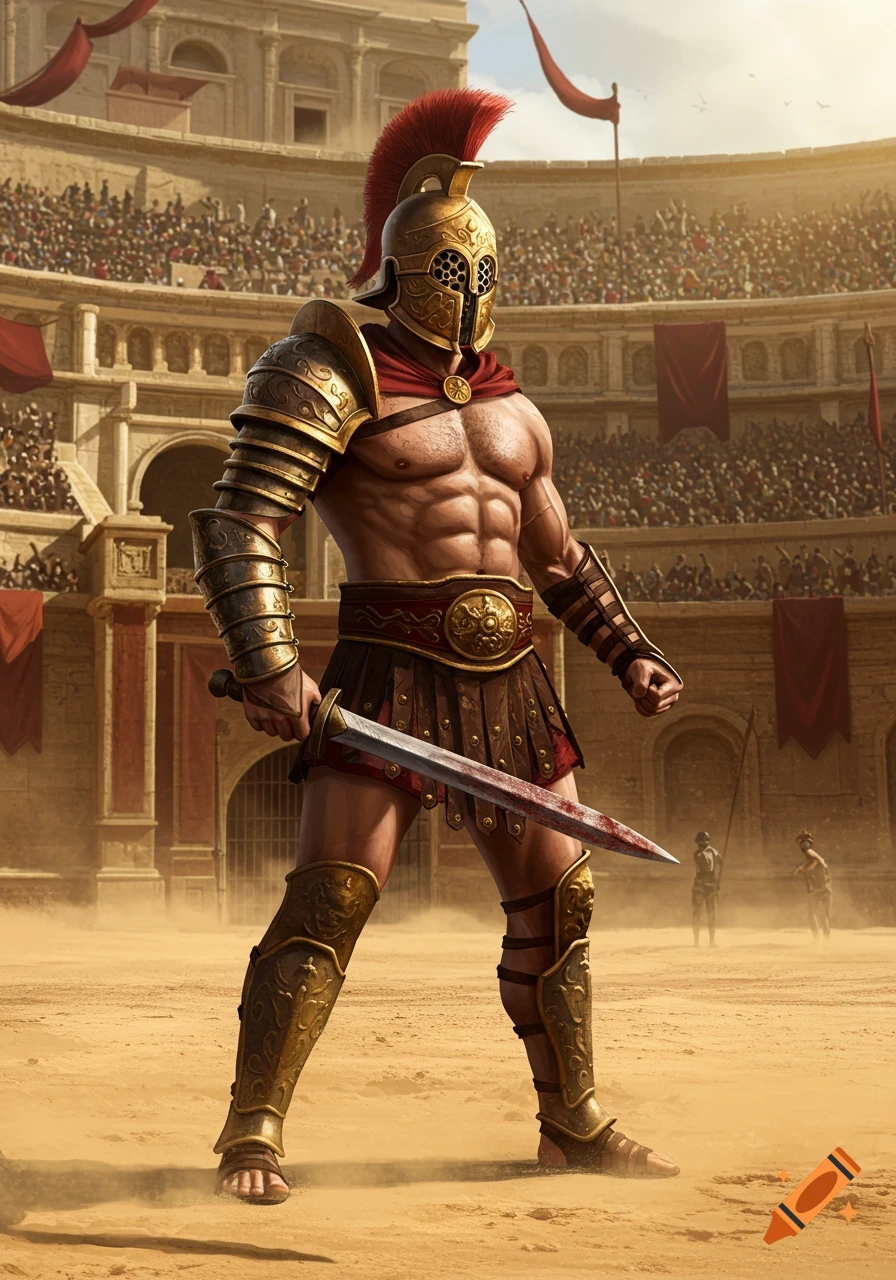 A muscular gladiator in golden armor and a red cape stands in a sandy arena, holding a bloody sword, with a cheering crowd in the background. Photorealistic style.