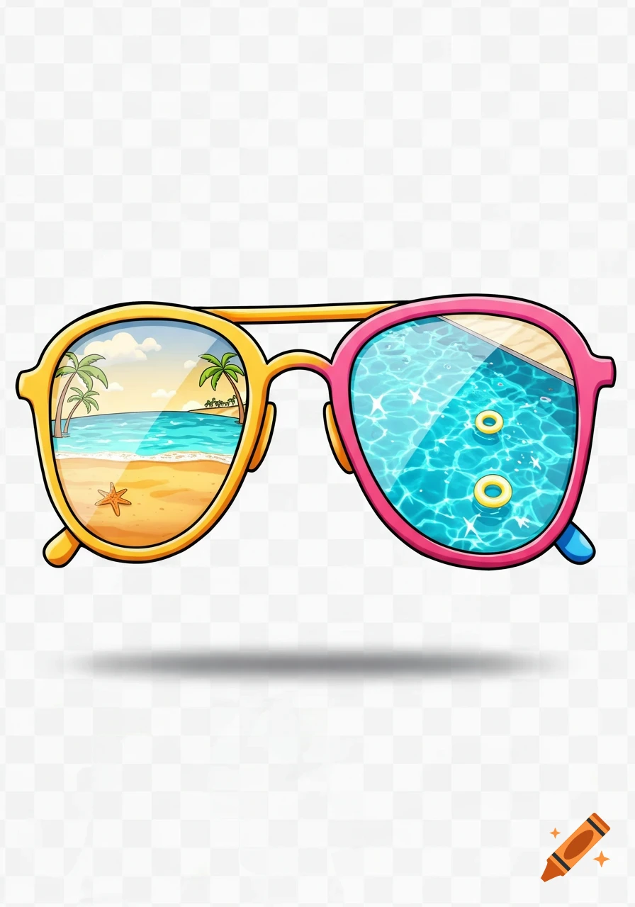 A cartoon illustration of yellow and pink sunglasses. One lens reflects a sunny beach with palm trees, and the other reflects a blue swimming pool with two yellow floaties.
