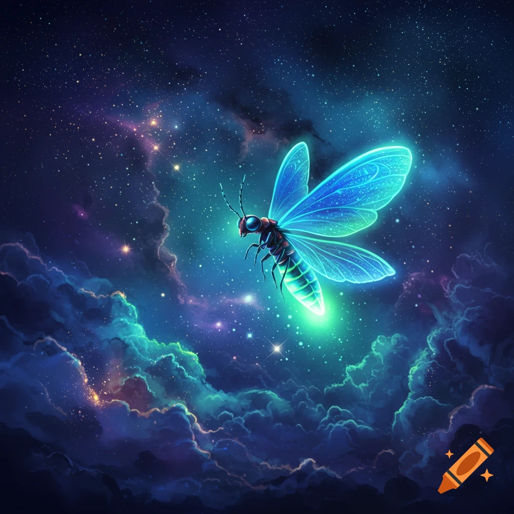 A glowing blue and green insect with translucent wings flies through a dark, starry night sky filled with luminous blue and purple clouds.