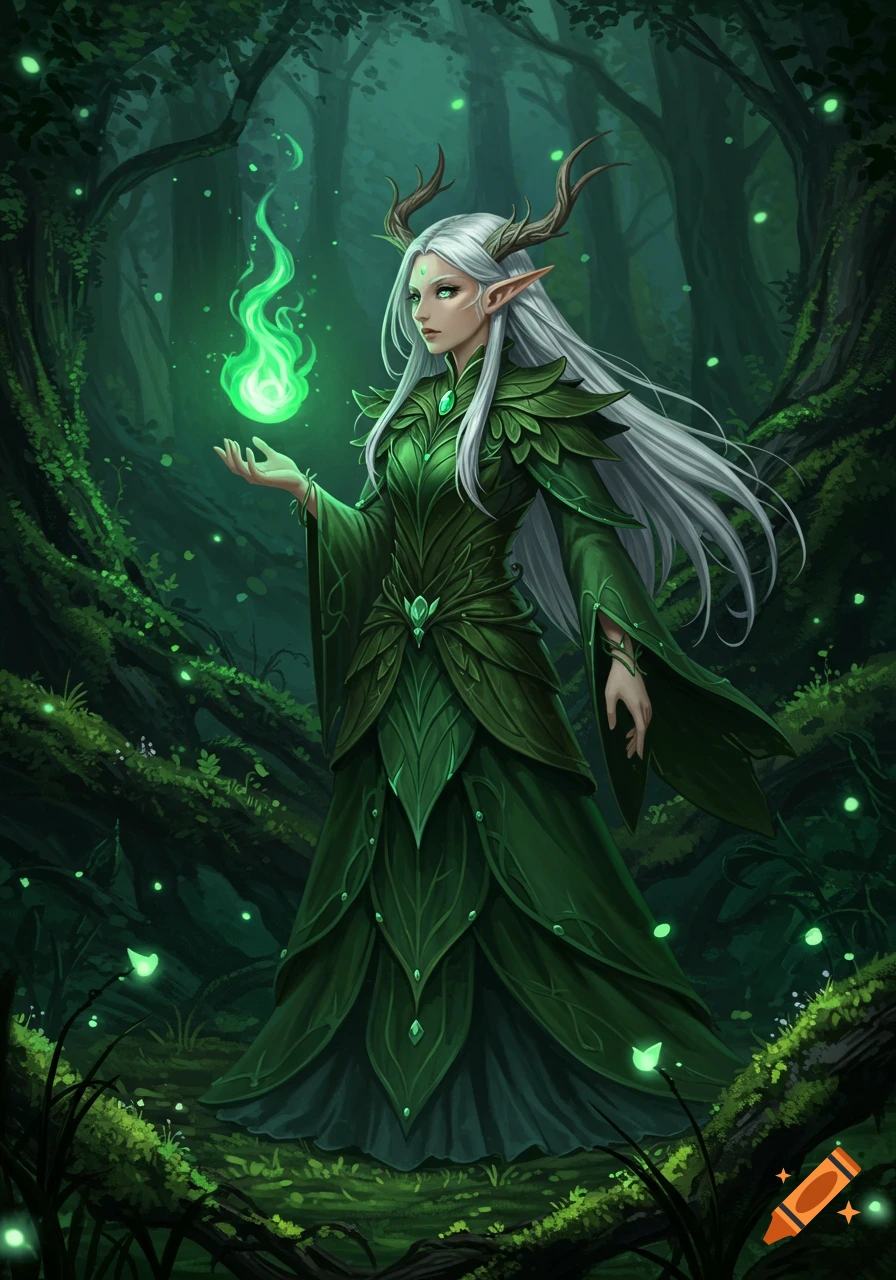 An anime-style elf druid with white hair and antlers, wearing a green leaf gown, holds a glowing green flame in a dark forest.