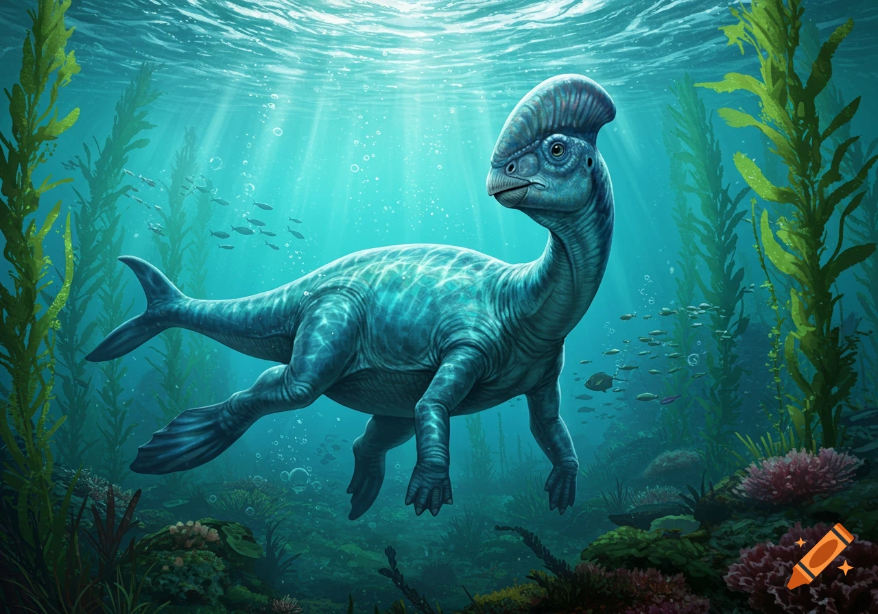 A blue aquatic dinosaur-like creature with a large head crest swims underwater amidst kelp and small fish, with rays of sunlight from above.
