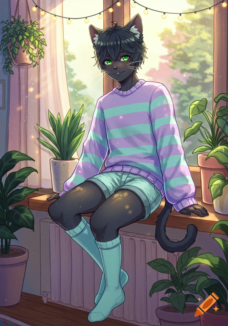 Anime black catboy with green eyes, wearing a striped sweater and shorts, sitting on a sunlit window sill surrounded by potted plants.
