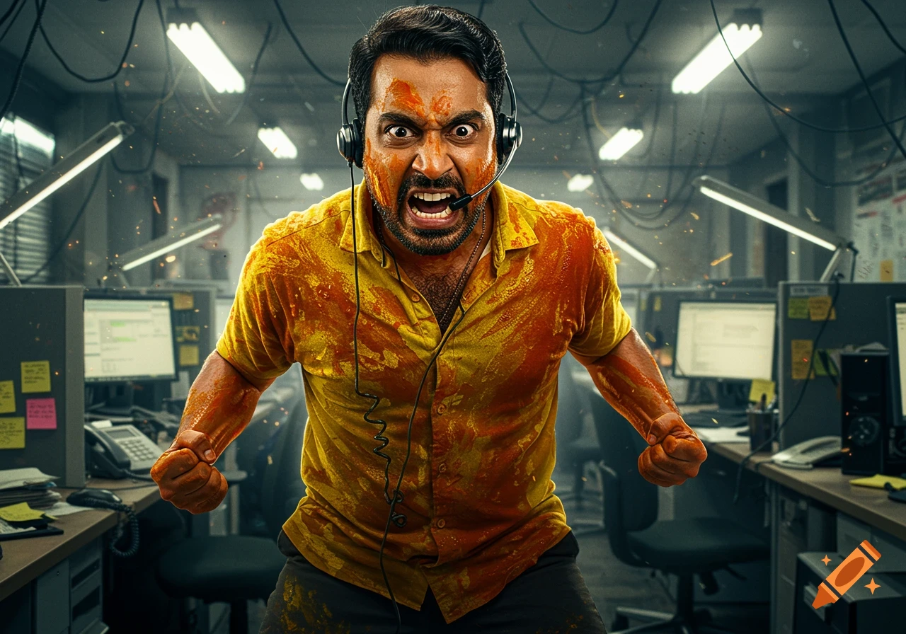 An angry man, splattered with orange and yellow, wears a headset and clenches his fists in a messy office.