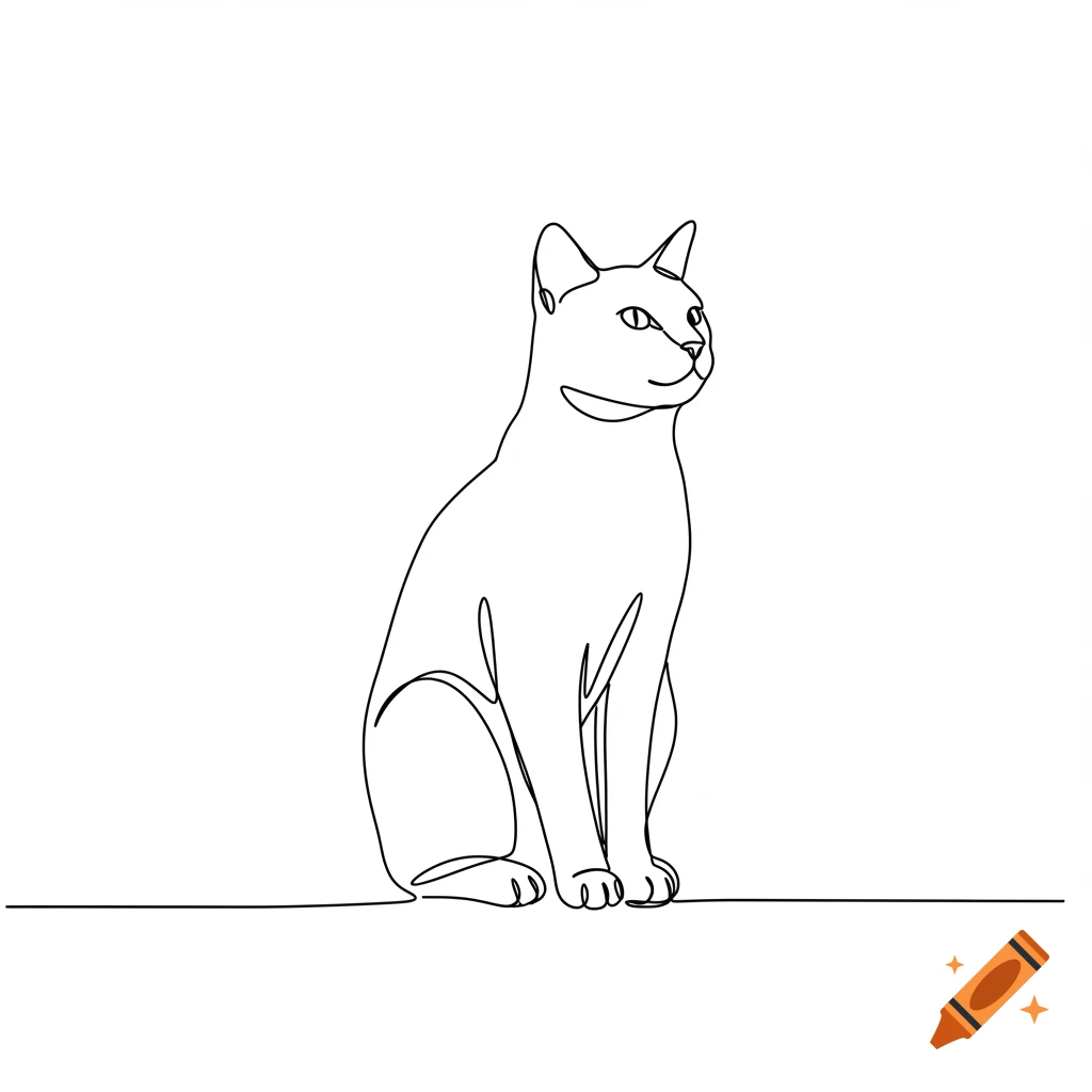A minimalist black continuous line drawing of a sitting cat on a white background.