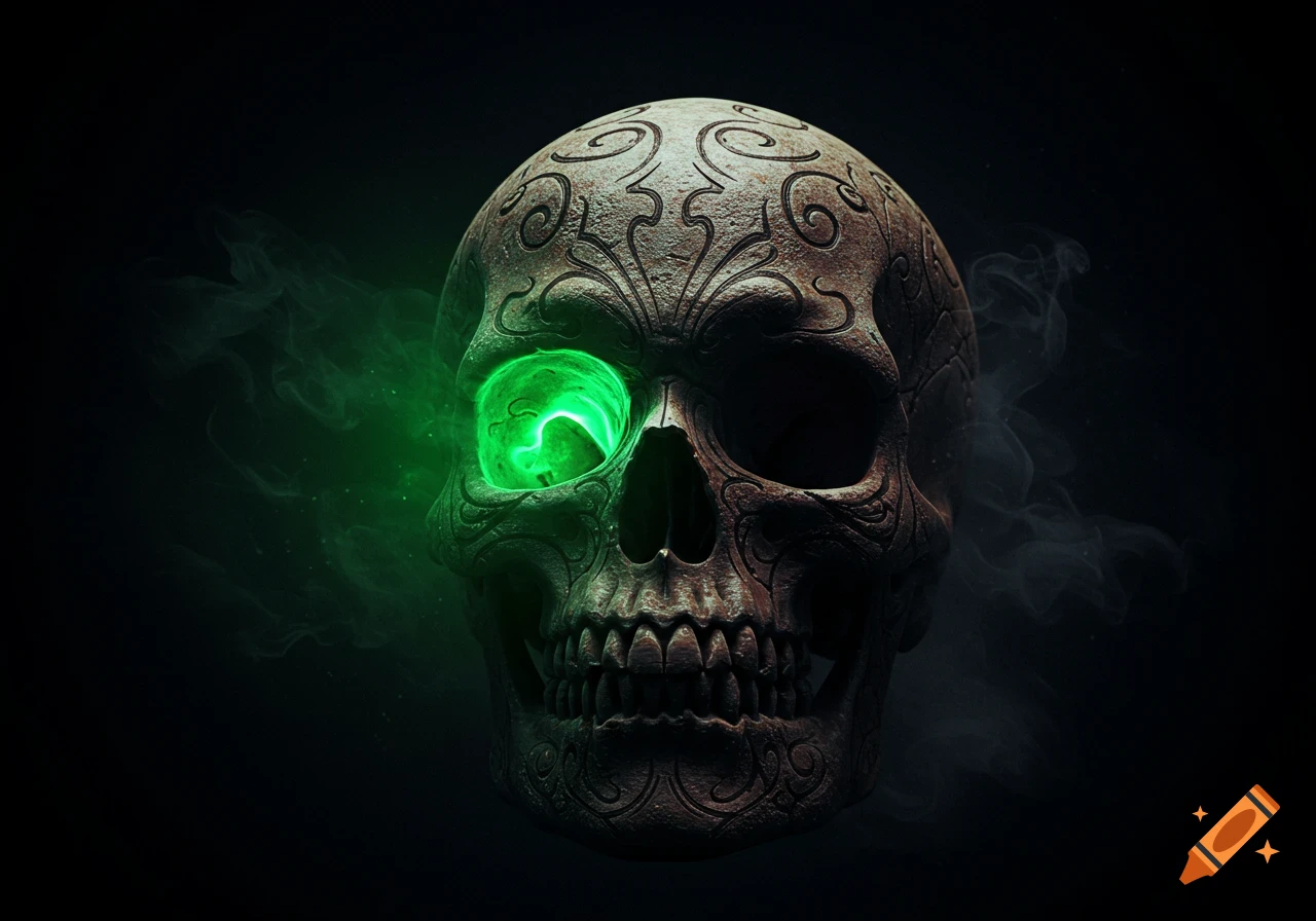 A detailed, ornate skull with a glowing neon green eye against a dark background with wisps of smoke.