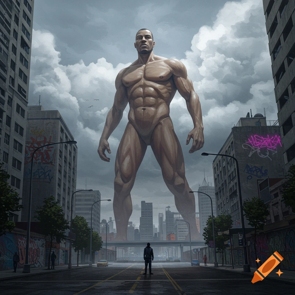 A massive, muscular, nude giant stands in the middle of a deserted city street under a cloudy sky, towering over buildings, as a small figure looks up at him.