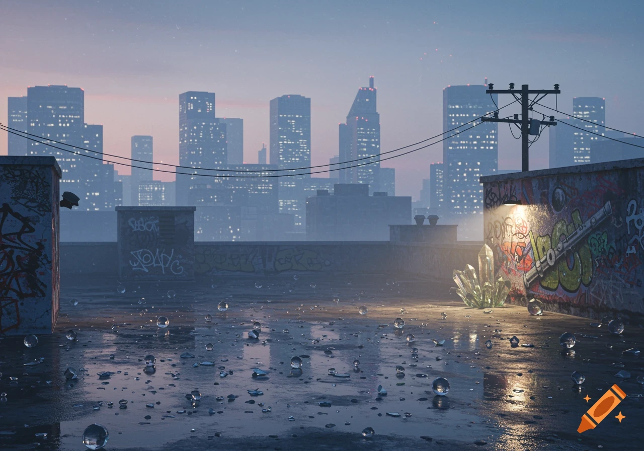 An empty city rooftop at dawn or twilight, with wet concrete, power lines, and distant skyline lights. Graffiti covers the walls, with glass shards and crystals scattered on the ground catching the light.
