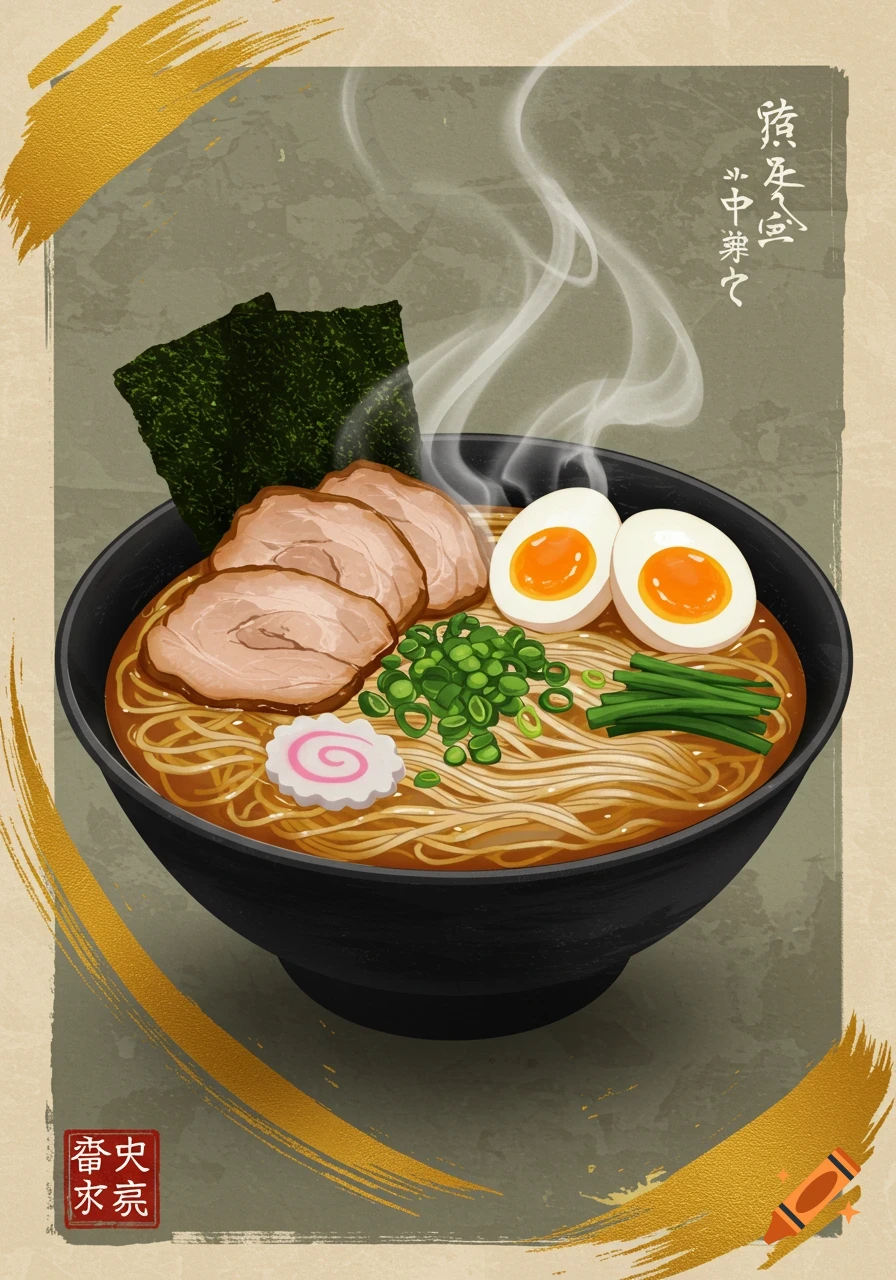A vibrant illustration of a steaming bowl of ramen noodles with sliced pork, eggs, scallions, nori, and a narutomaki fish cake, set on a distressed background with gold brush strokes and Japanese text.