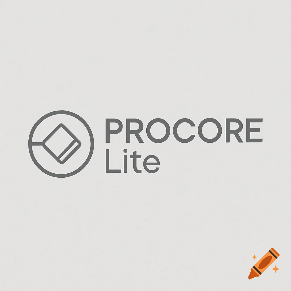 A simple gray logo for 'Procore Lite' featuring text and an icon of a square within a circle.