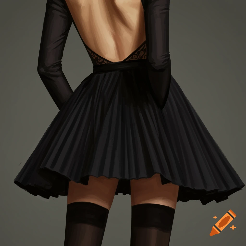 A digital painting of a person from behind, wearing a black backless dress with a pleated skirt and black thigh-high stockings.