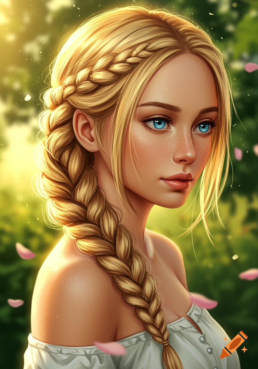Digital portrait of a blonde woman with blue eyes and a long braid in a sunlit, leafy outdoor setting.
