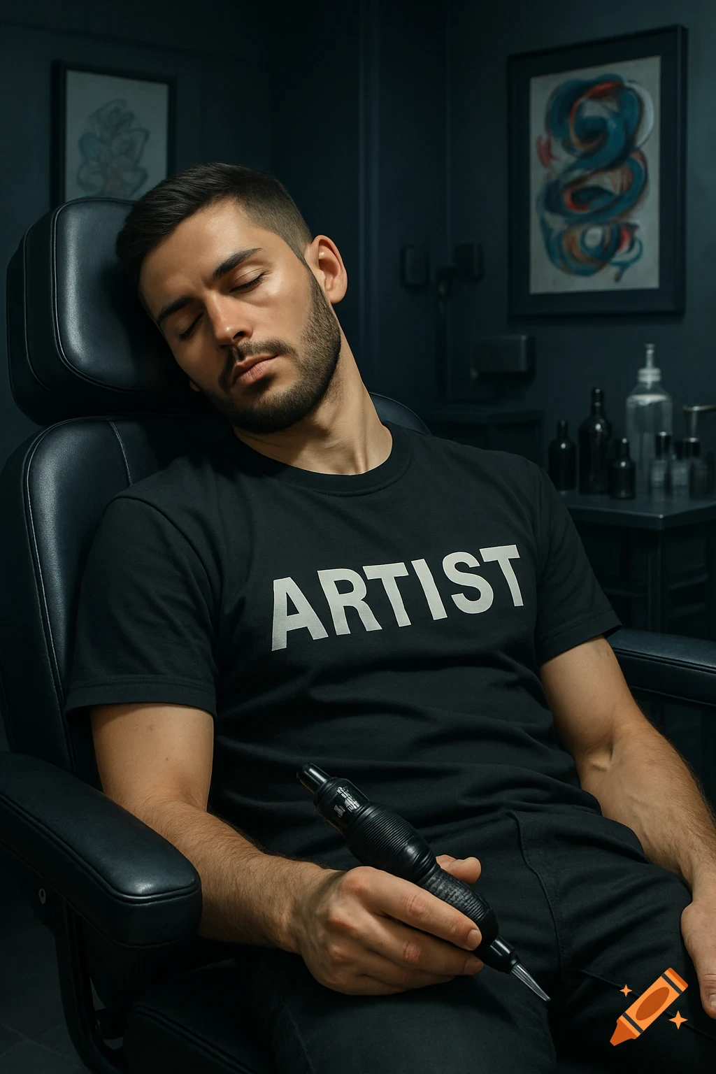 Photorealistic portrait of a young male tattoo artist asleep in a modern, dark tattoo studio, holding a tattoo pen.