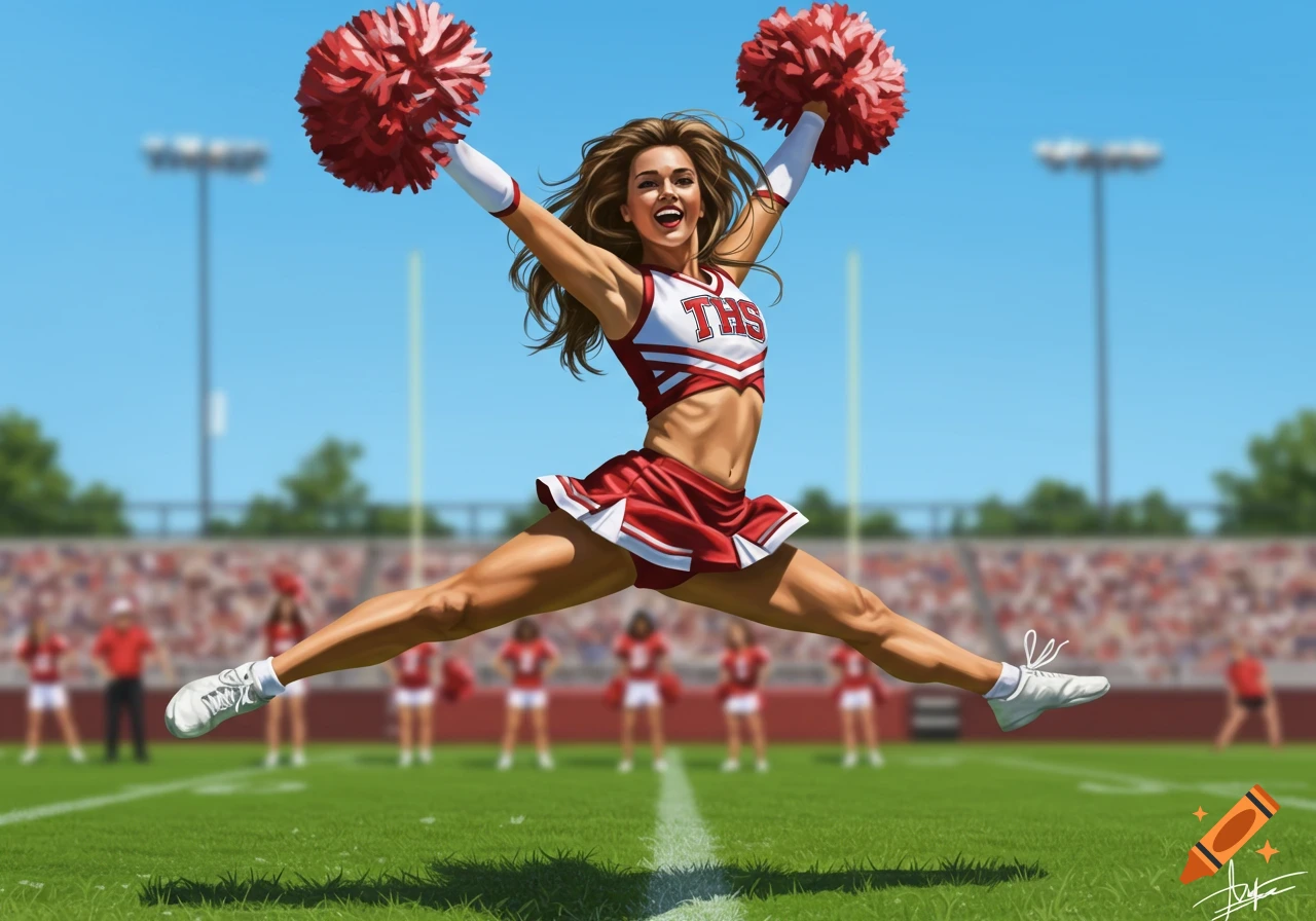 A female cheerleader in a red and white uniform jumps with pom-poms on a football field during a sunny day, with a stadium in the background.