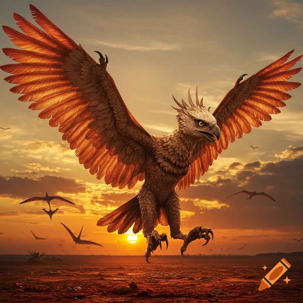 A majestic, feathered Roc, a fusion of an eagle and pterosaur, with glowing eyes, flies over a barren landscape at sunset.