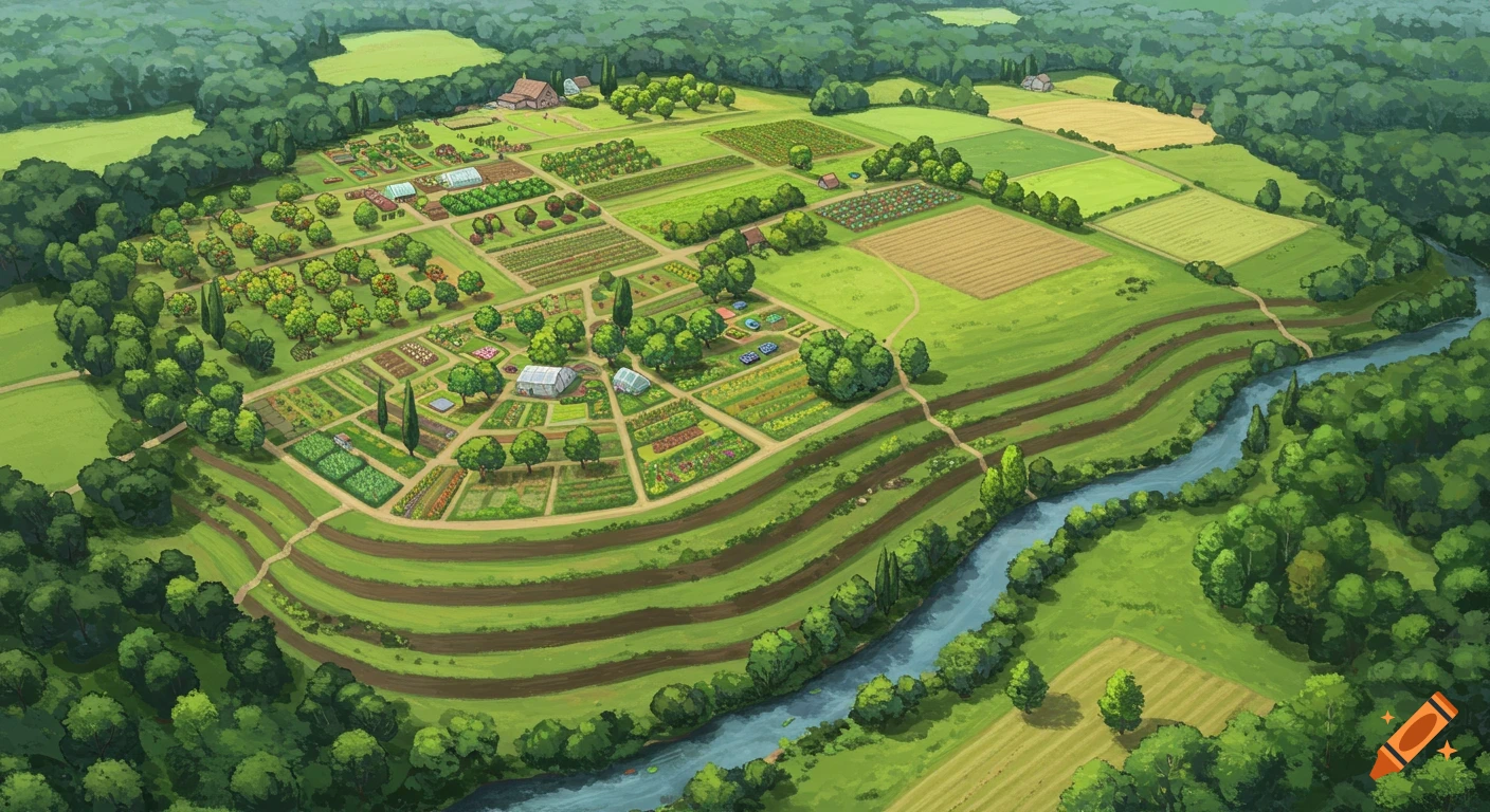 Aerial bird's eye view of a lush permaculture farm with diverse crop fields, orchards, pastures, a meandering creek, and dense forests.