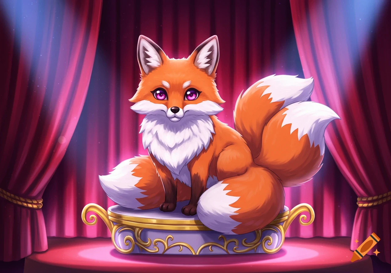 A cute, orange, multi-tailed anime fox with purple eyes sits on a golden pedestal on a stage with red curtains.