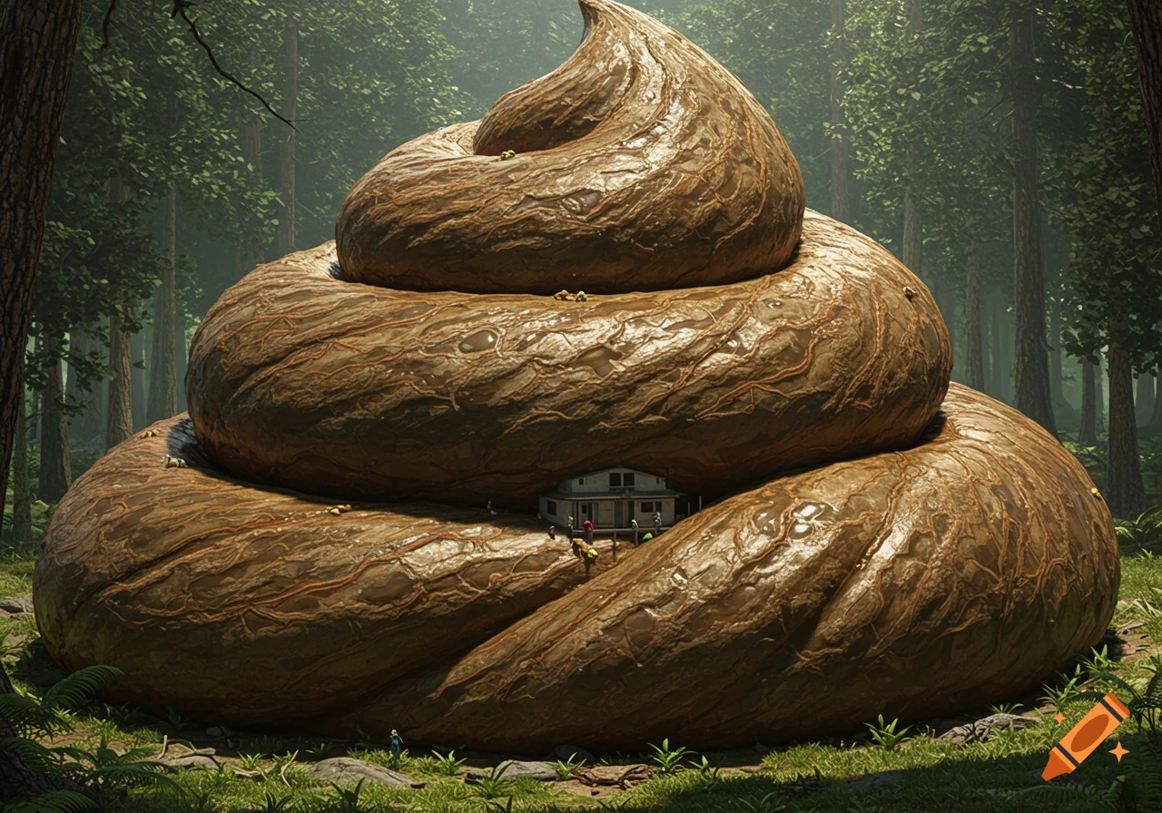 A massive, highly textured pile of brown poop, larger than a house, sits in a forest with a tiny house and people beneath it.