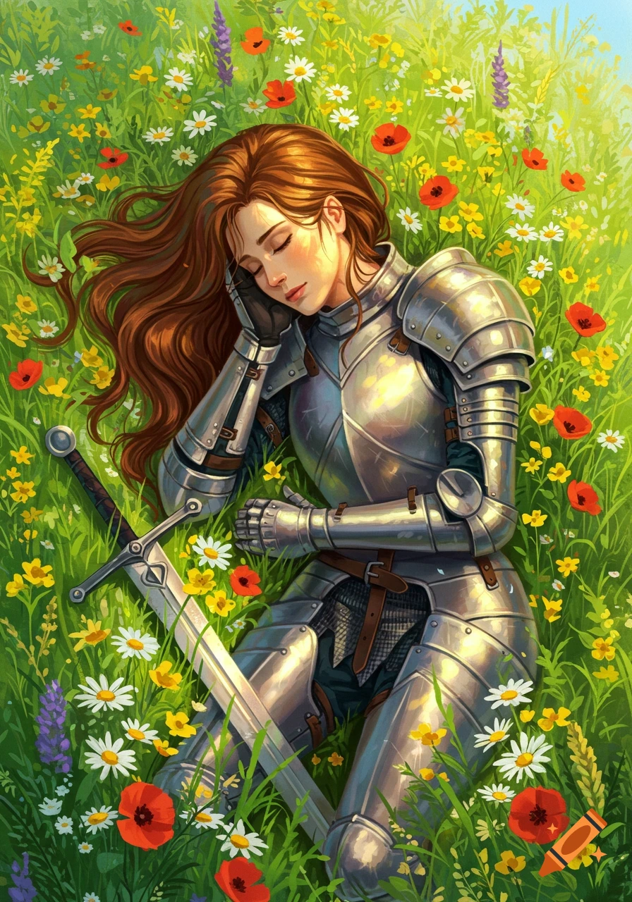 A woman with long brown hair, wearing knight armor, sleeping on her side in a vibrant field of colorful flowers with a sword beside her.