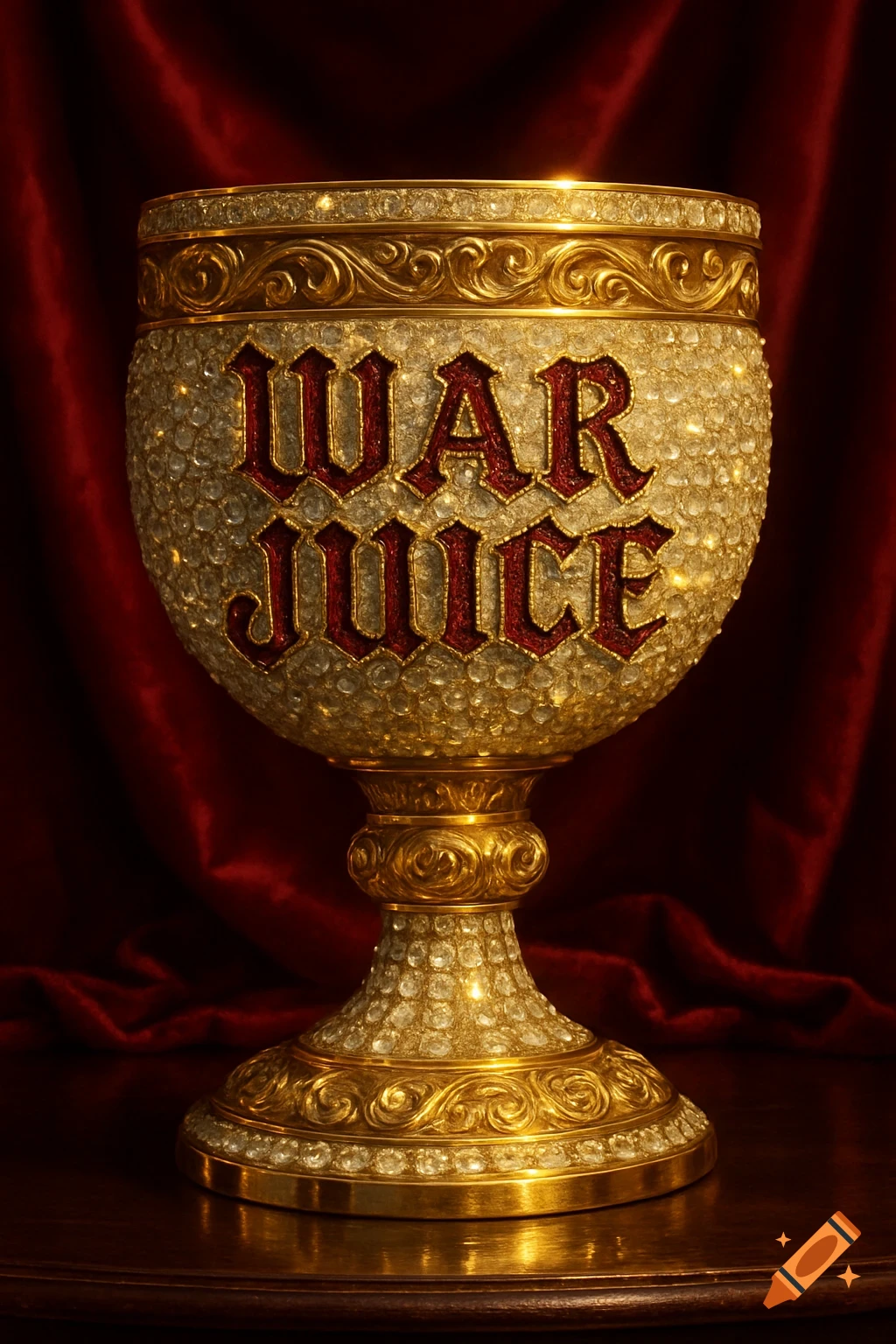 A golden, jewel-encrusted goblet with 'WAR JUICE' emblazoned on it, set against a red velvet background.