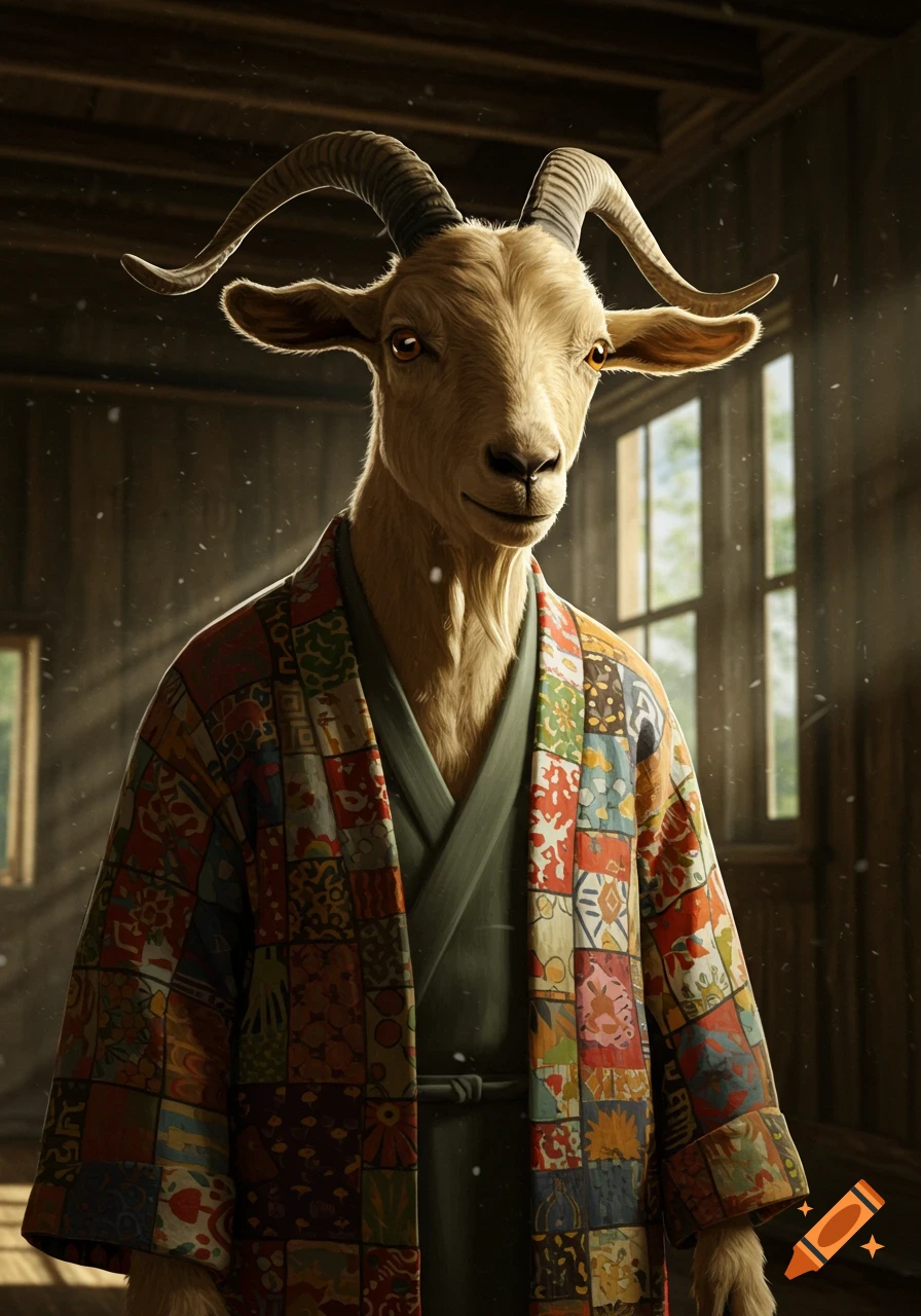 A goat wearing a colorful patchwork kimono stands in a dimly lit wooden room, looking forward.