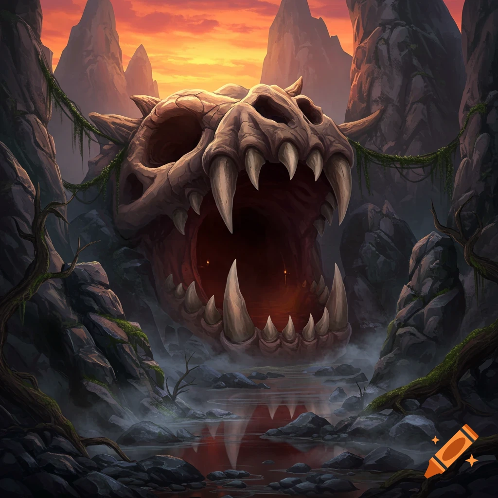 A gigantic dragon skull forming a cave entrance in a misty, rocky landscape under a sunset sky.