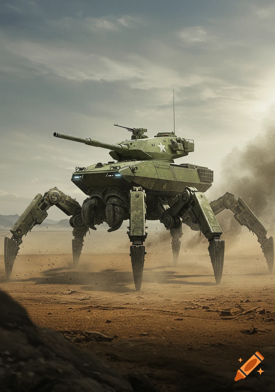 A large, green military tank with eight spider-like legs walks across a dusty, barren desert landscape under a cloudy sky.