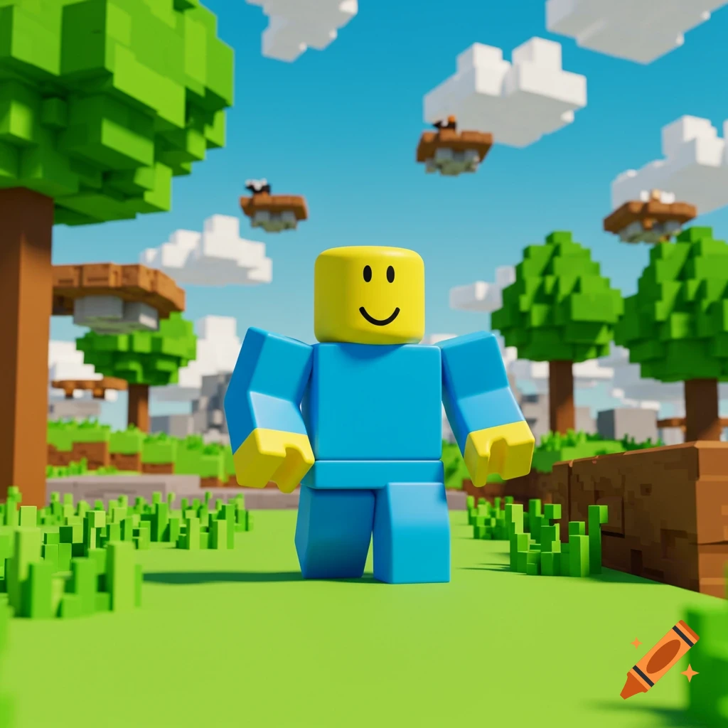 A Roblox noob character with a yellow head and blue body stands in a vibrant, blocky landscape with green grass, trees, and floating islands under a blue sky.