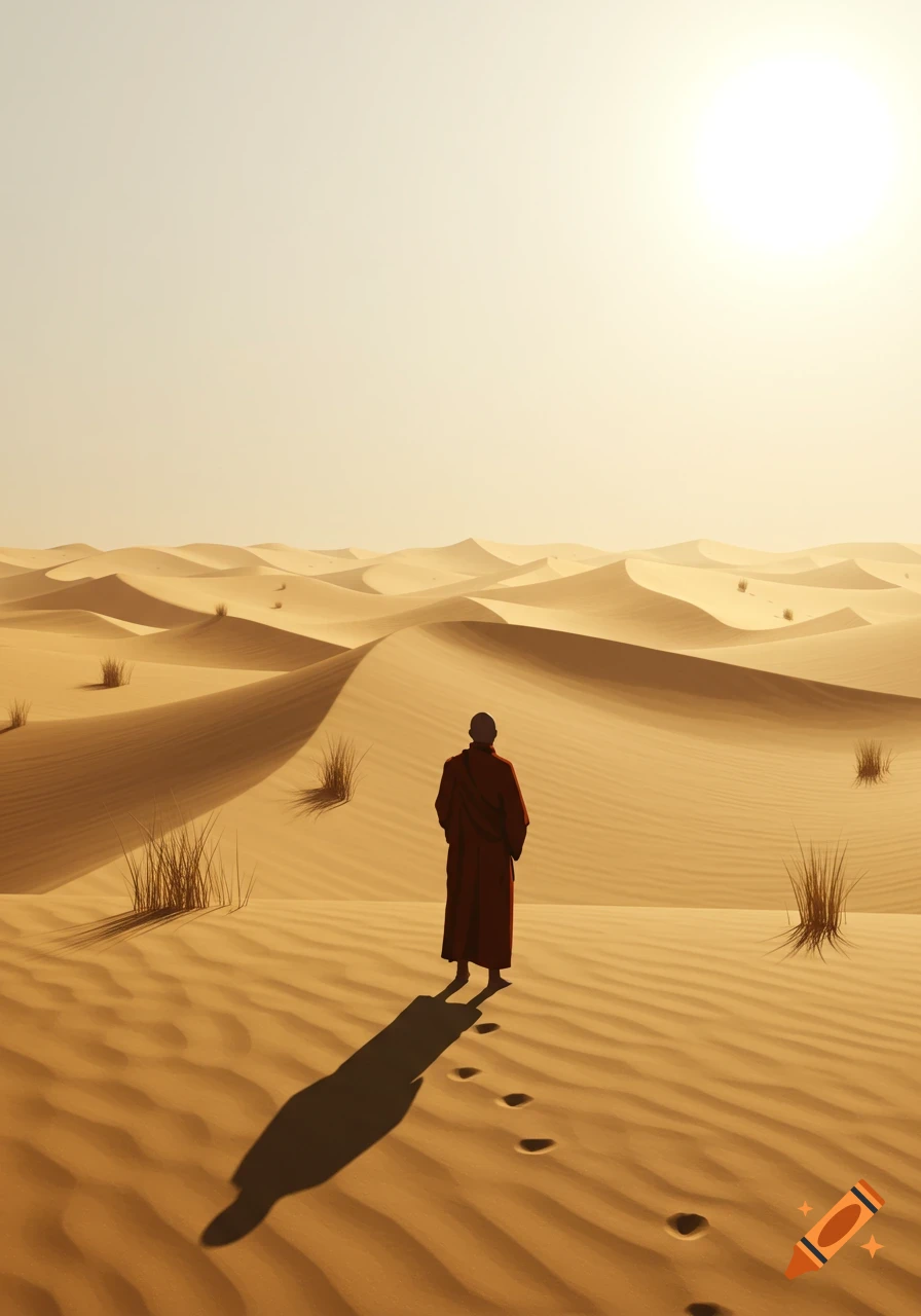 A lone monk walks across sun-drenched desert dunes, leaving footprints behind.