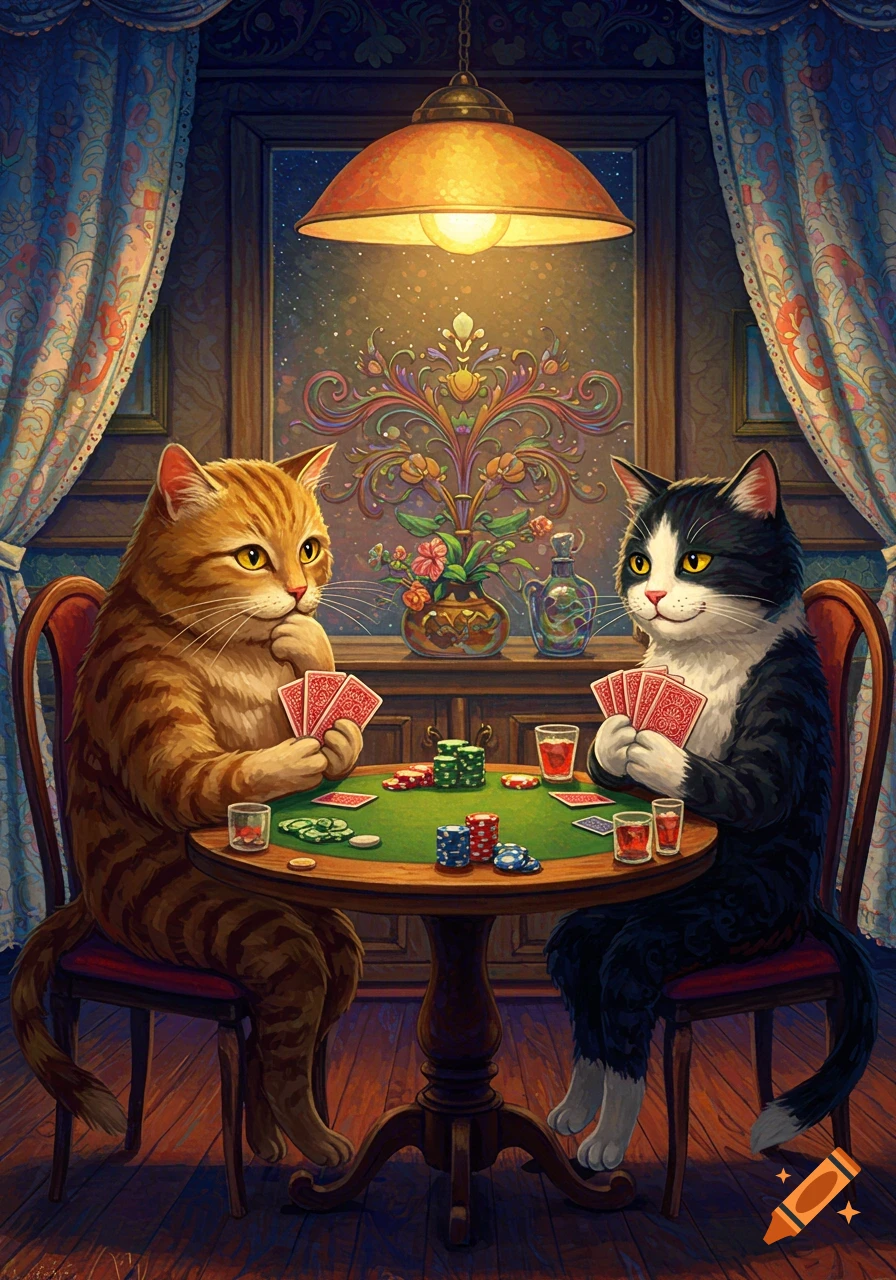 Two anthropomorphic cats, one orange tabby and one black and white, playing poker at a table in a richly decorated room, illuminated by a hanging lamp.