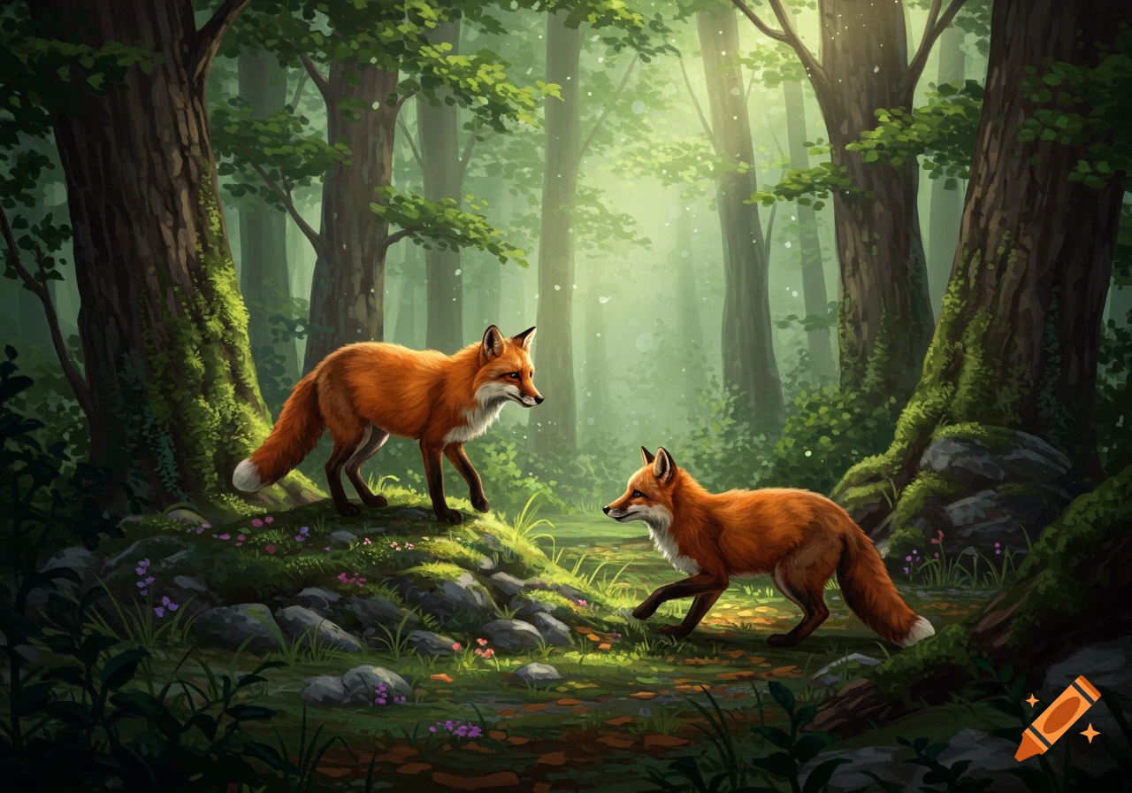 Two red foxes in a lush, sun-dappled forest, depicted in a digital painting style.