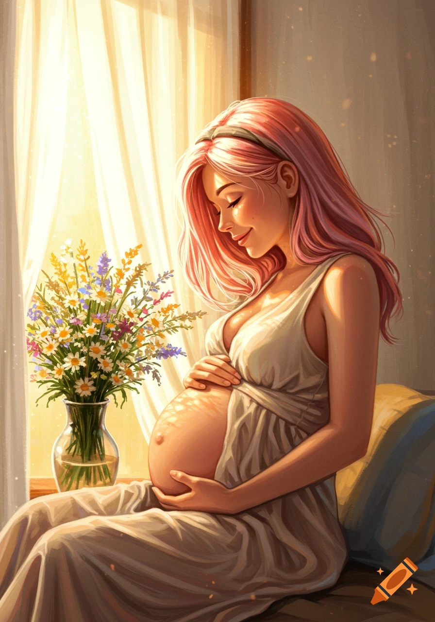 A stylized illustration of a pregnant woman with pink hair, in a white dress, holding her belly while sitting near a window with a vase of flowers.