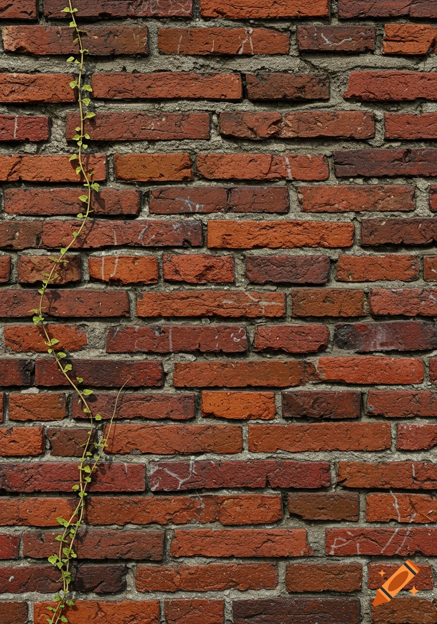 A close-up, photorealistic image of an old red brick wall with a green vine growing vertically on it.