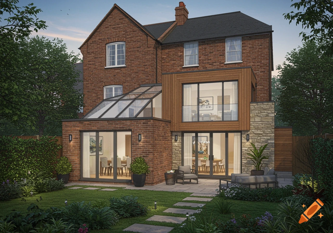 Rear view of a modern brick house with a glass conservatory and wooden/stone extensions, leading to a landscaped garden with stepping stones and patio furniture.